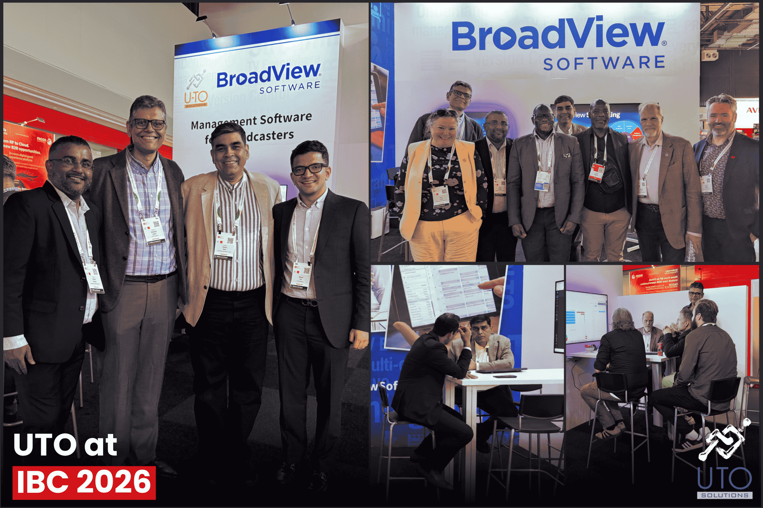 UTO Solutions team and partners at IBC 2026, with group photos and meeting discussions at the BroadView stand.