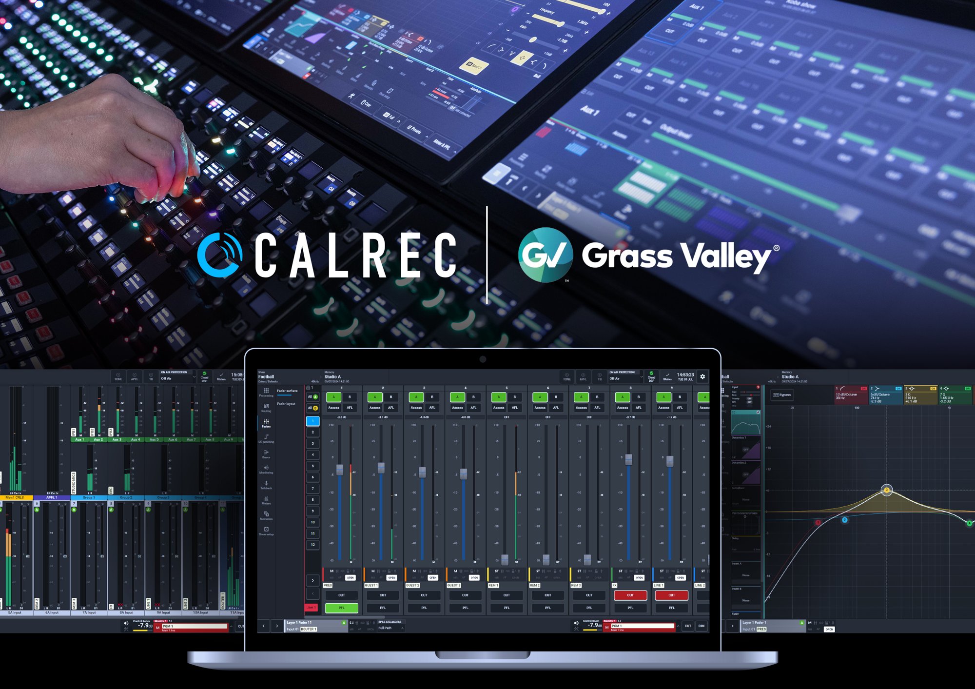 Calrec and Grass Valley branding over a Calrec mixing console and the ImPulseV software